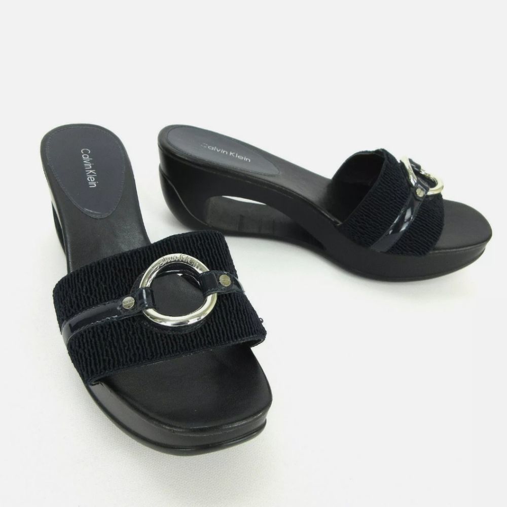 3/$20 Calvin Klein YAU Platform Wedge Cutout Sandals Black Size 10 M
